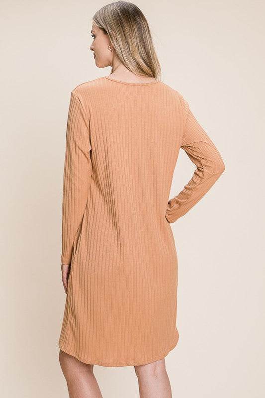 BOMBOM Round Neck Long Sleeve Ribbed Knit Dress - us.meeeshop