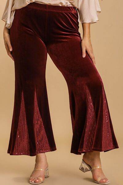 Umgee Sequin Elastic Waist Velvet Stretch Flare Leg Pants Plus Size - us.meeeshop