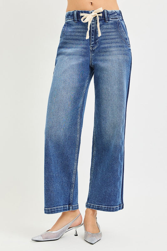 Risen Elastic Band High Rise Cropped Wide Jeans (women's pants) view 2 - shop at us.meeeshop