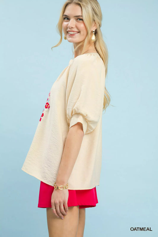 Umgee Embroidered Puff Sleeve Blouse (women's shirts & tops) view 2 - shop at us.meeeshop