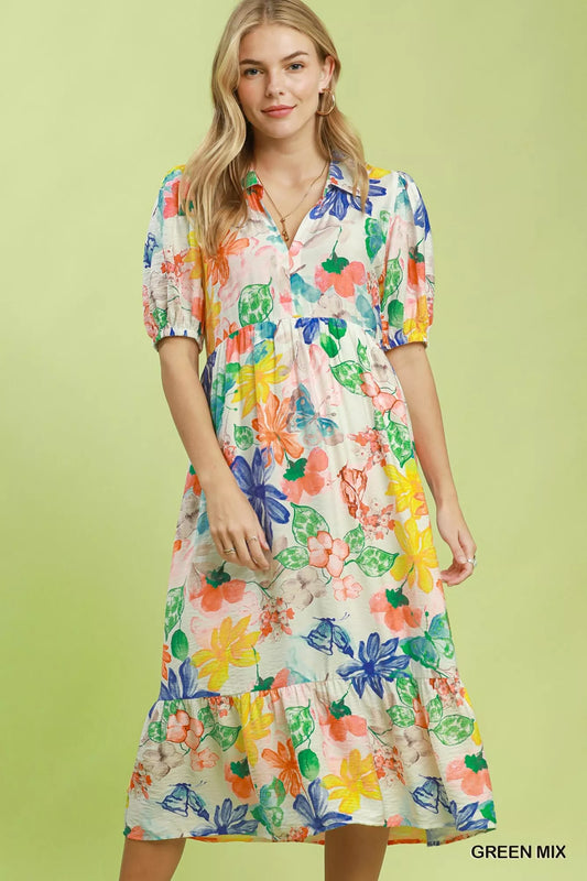 umgee watercolor floral Umgee Watercolor Floral Tiered Midi Dress GREEN MIX (dress) - shop at us.meeeshop