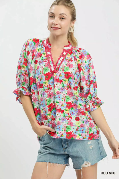 umgee mix floral Umgee Mix Floral Print Ruffle Top RED MIX (top) - shop at us.meeeshop