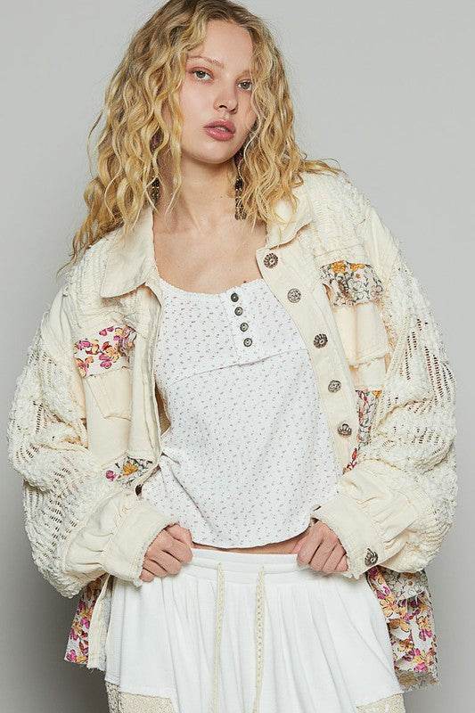 POL Floral Crochet Lace Frayed Edge Button Up Shacket - us.meeeshop