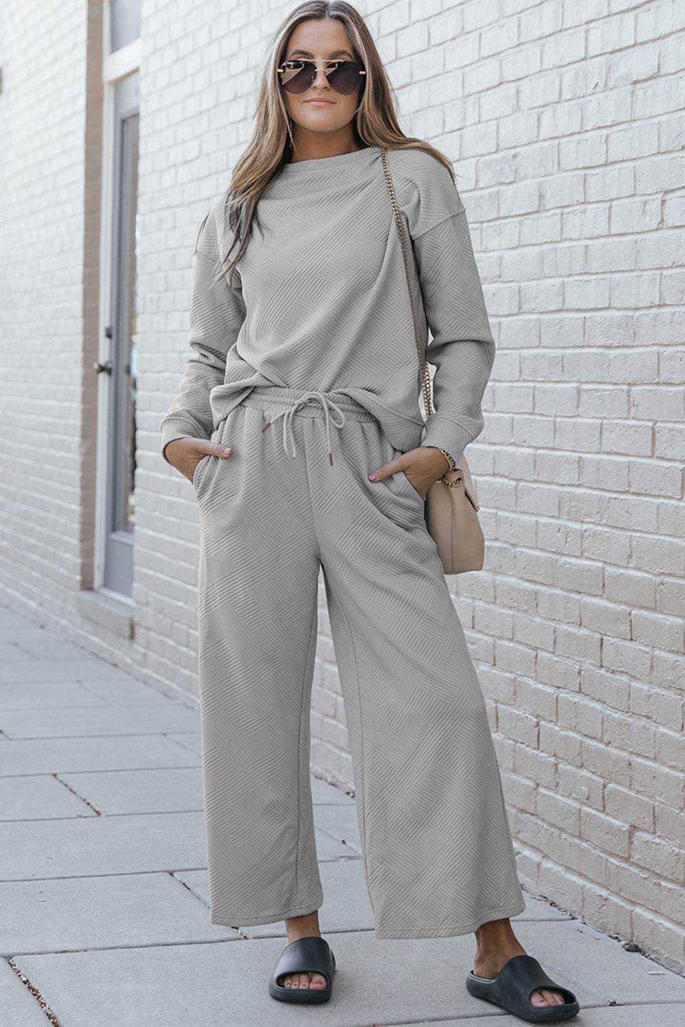 Double Take Full Size Textured Long Sleeve Top and Drawstring Pants Set - us.meeeshop