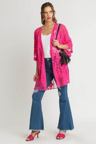 Umgee Floral Lace Open Front Kimono Sleevee Cover Up with Waist Tie Plus Size - us.meeeshop