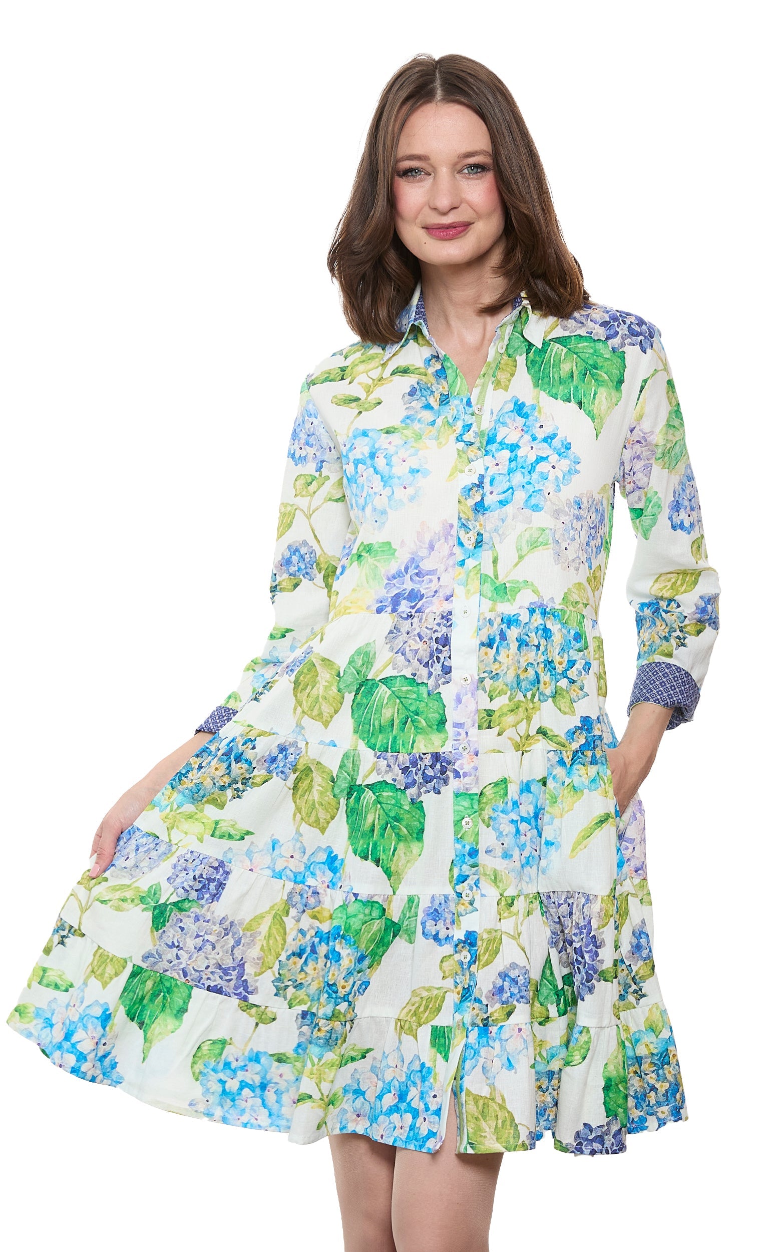 Delray Dress Linen Cotton Hydrangeas Print in S view 2 - Print Dress