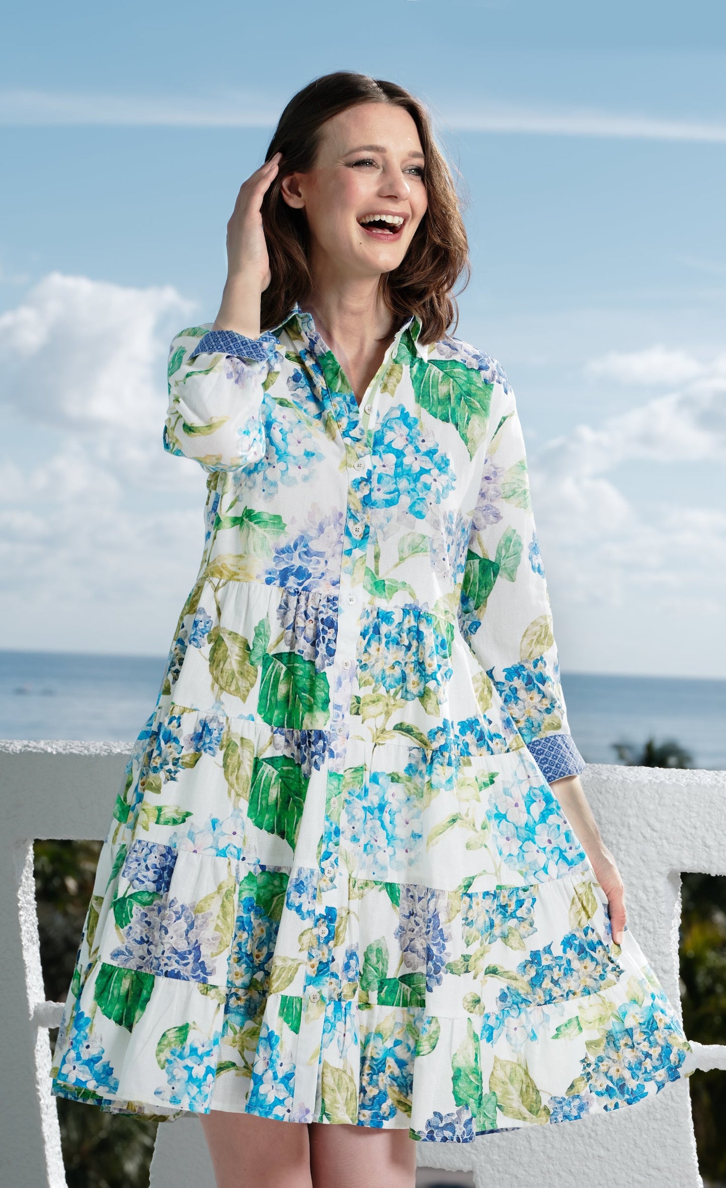 Delray Dress Linen Cotton Hydrangeas Print in XS - Print Dress