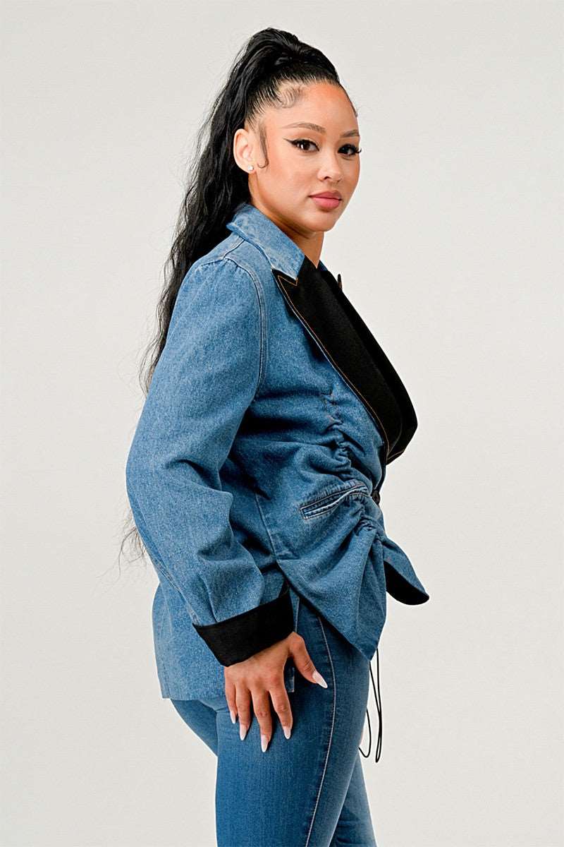 Denim Cinch Contrast Jacket view 9 - Denim Cinch Jacket In Brown (bottom)