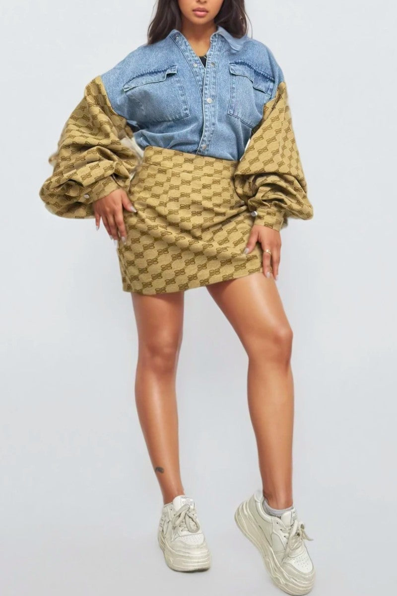 Denim & Monogram Puff Sleeve Two-piece Set in 1XL view 4 - Monogram Denim Set (bottom)