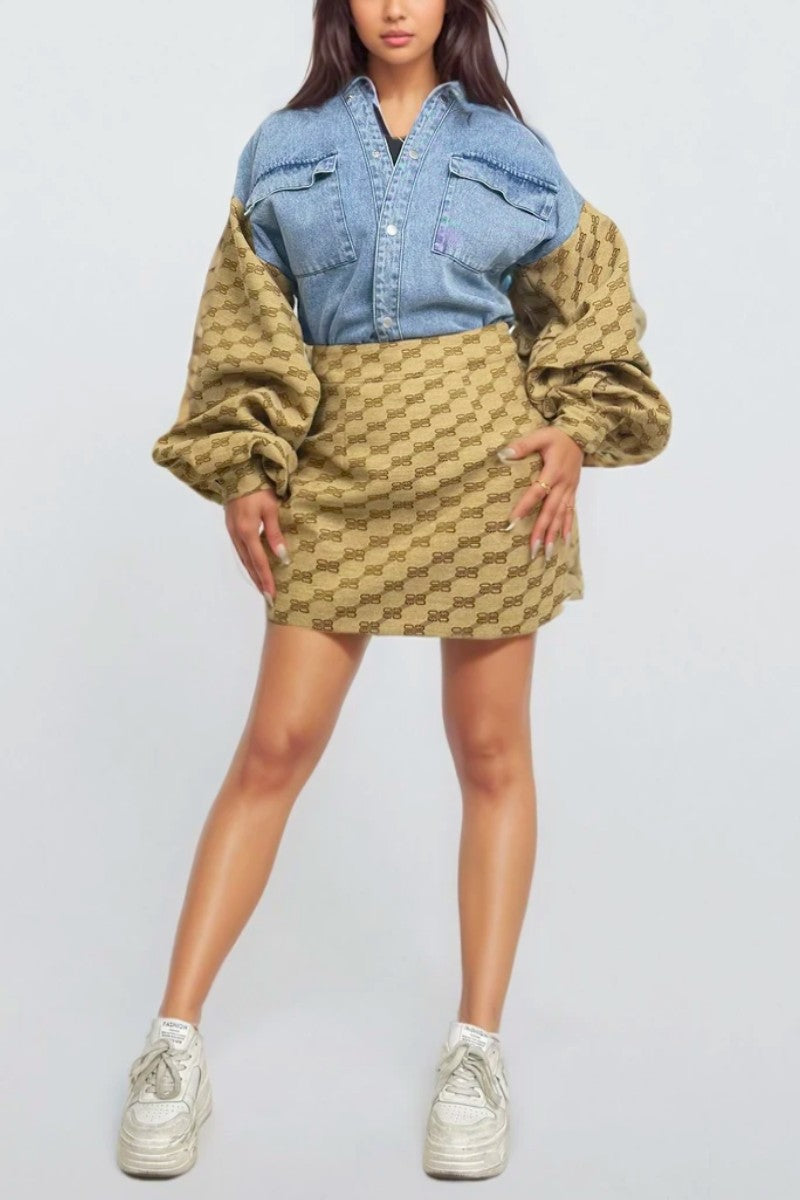 Denim & Monogram Puff Sleeve Two-piece Set in 2XL view 6 - Monogram Denim Set (bottom)