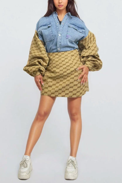 Denim & Monogram Puff Sleeve Two-piece Set in 2XL view 6 - Monogram Denim Set (bottom)