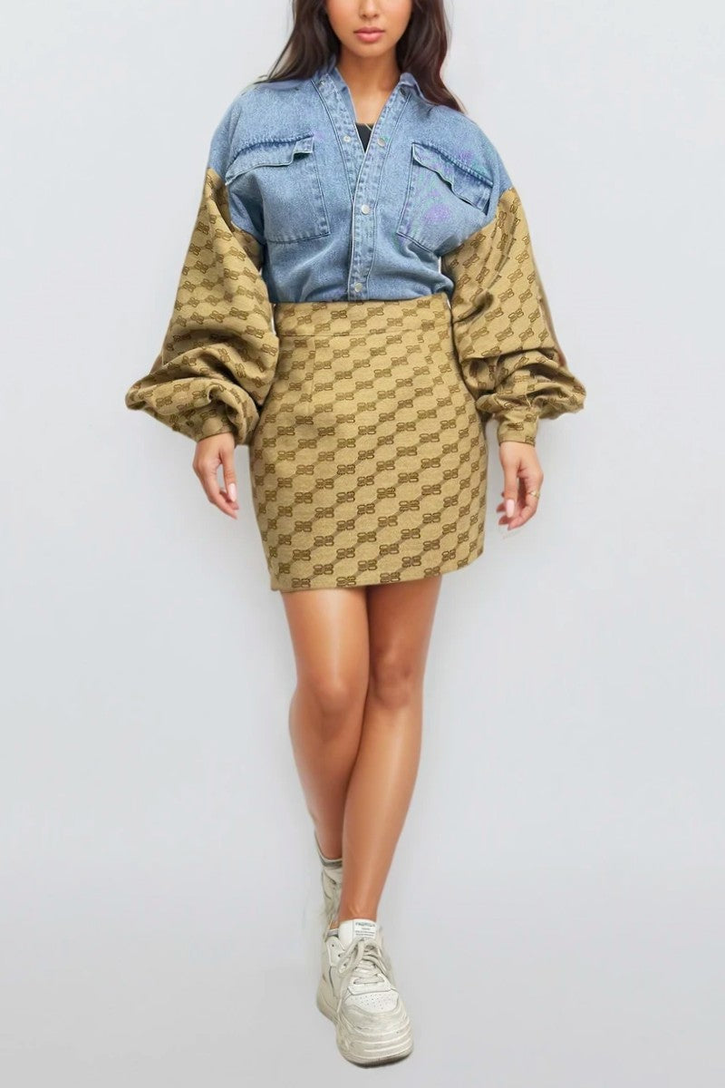 Denim & Monogram Puff Sleeve Two-piece Set in M view 2 - Monogram Denim Set (bottom)