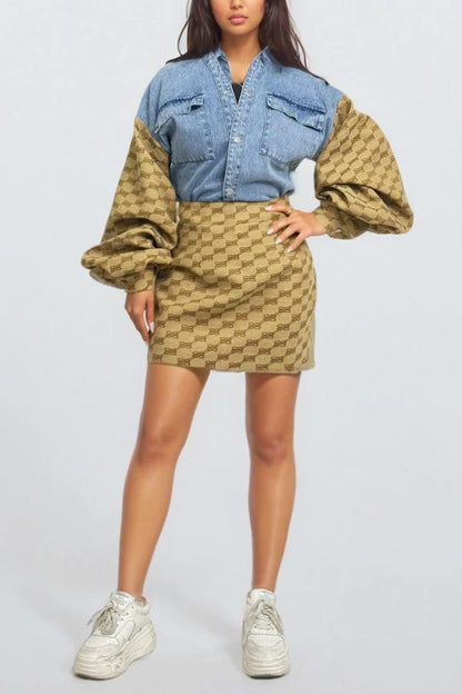 Denim & Monogram Puff Sleeve Two-piece Set in S - Monogram Denim Set (bottom)