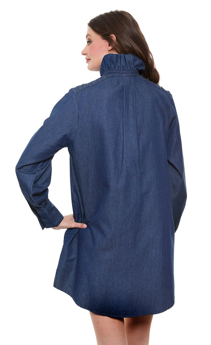 Denim Tunic with Ruffle Neck and Side Pockets in M view 3 - Denim Shirt Dress Pockets (top)