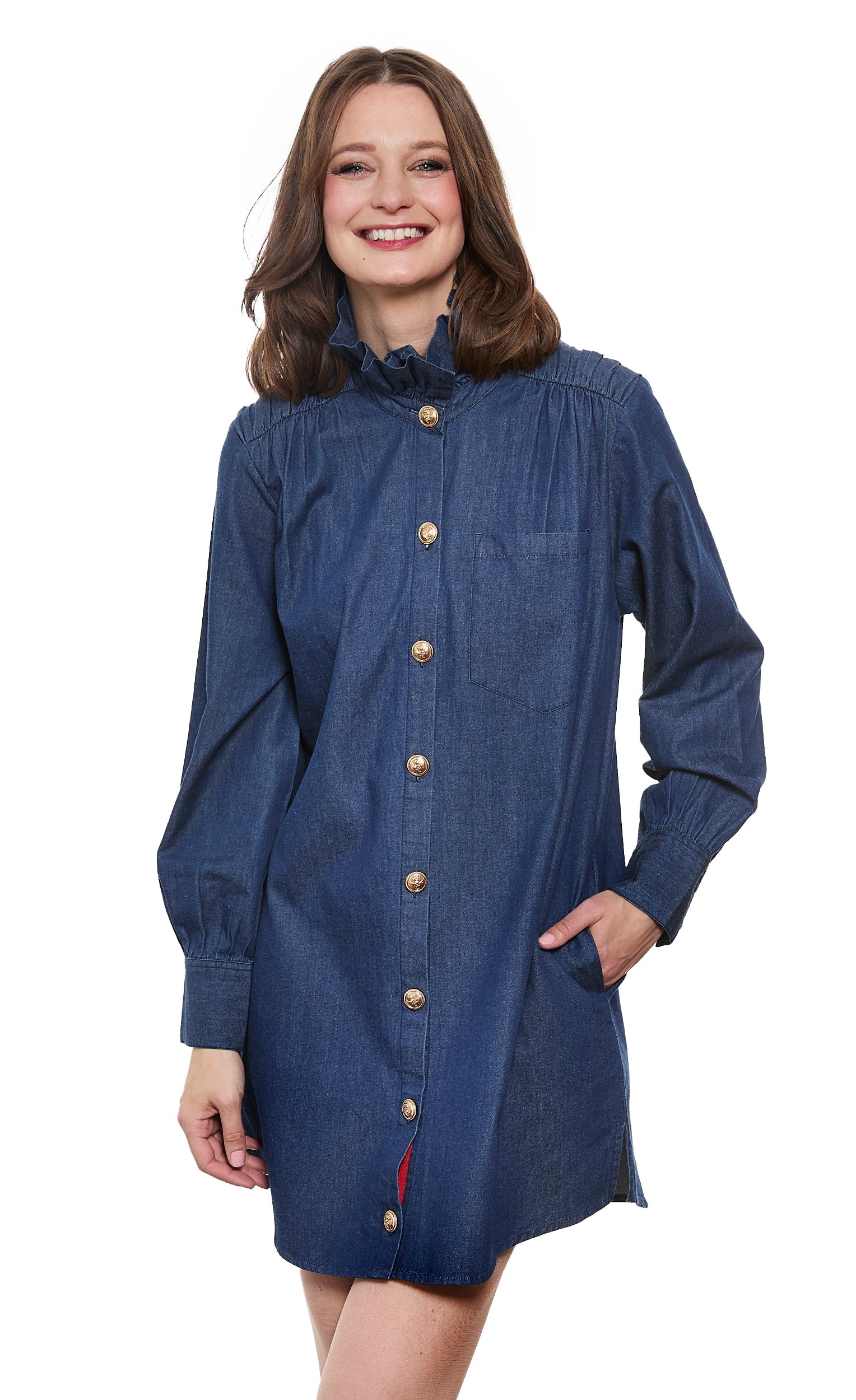 Denim Tunic with Ruffle Neck and Side Pockets in S view 2 - Denim Shirt Dress Pockets (top)