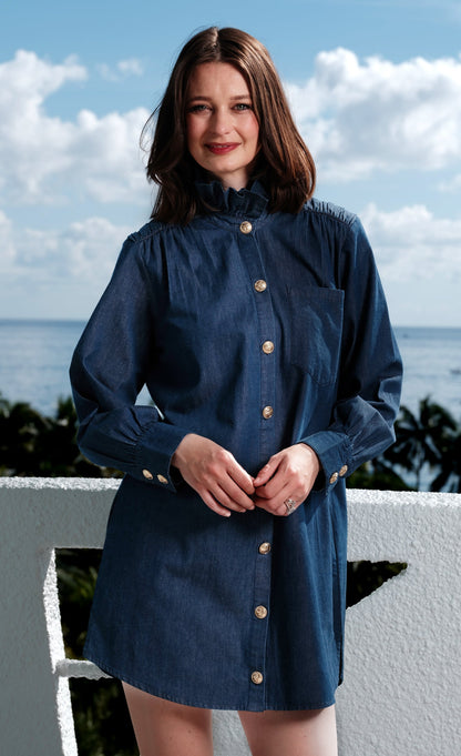 Denim Tunic with Ruffle Neck and Side Pockets in XS - Denim Shirt Dress Pockets (top)