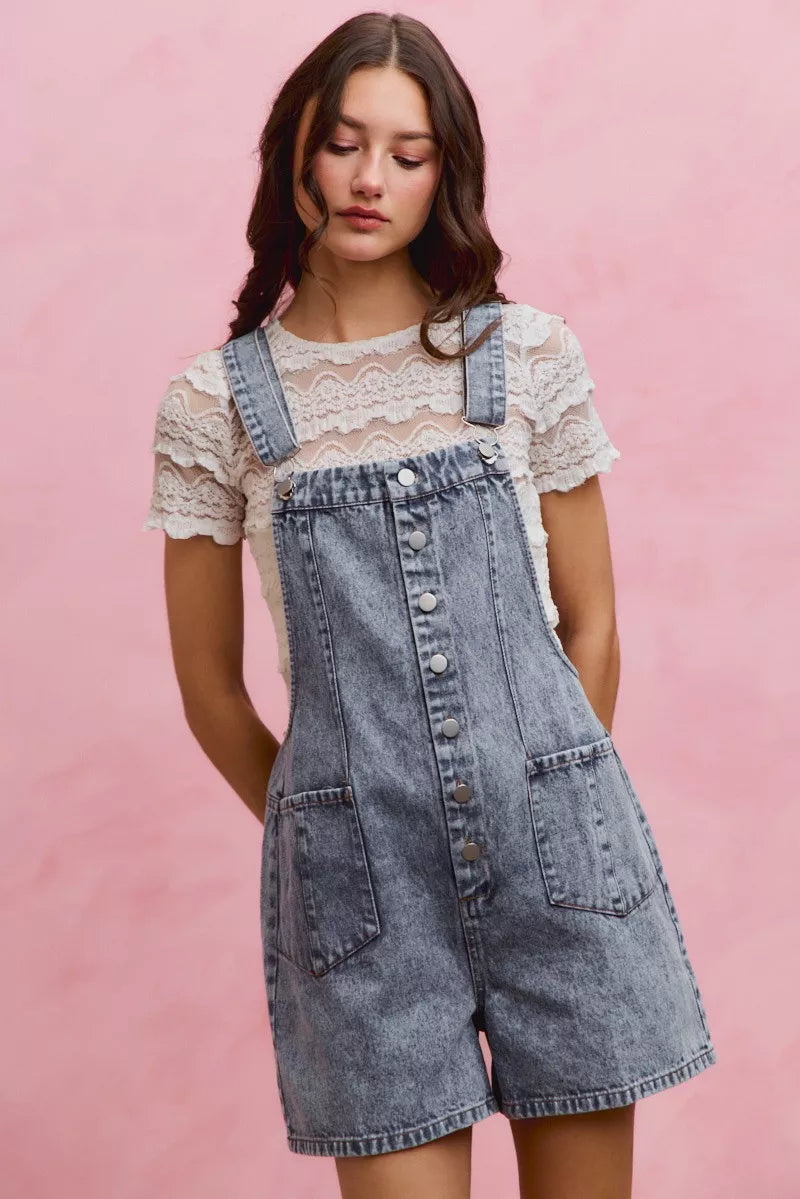 So Me Denim Washed on Front with Adjustable Strap Romper LT DENIM (one-piece) - denim washed jumpsuit,  - shop at us.meeeshop