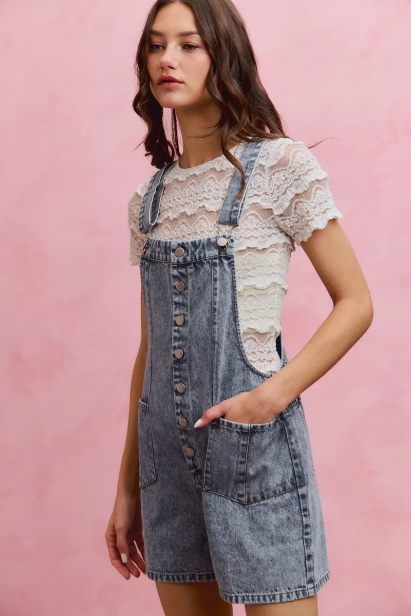 So Me Denim Washed on Front with Adjustable Strap Romper view 10 (one-piece) - denim washed jumpsuit, b - shop at us.meeeshop