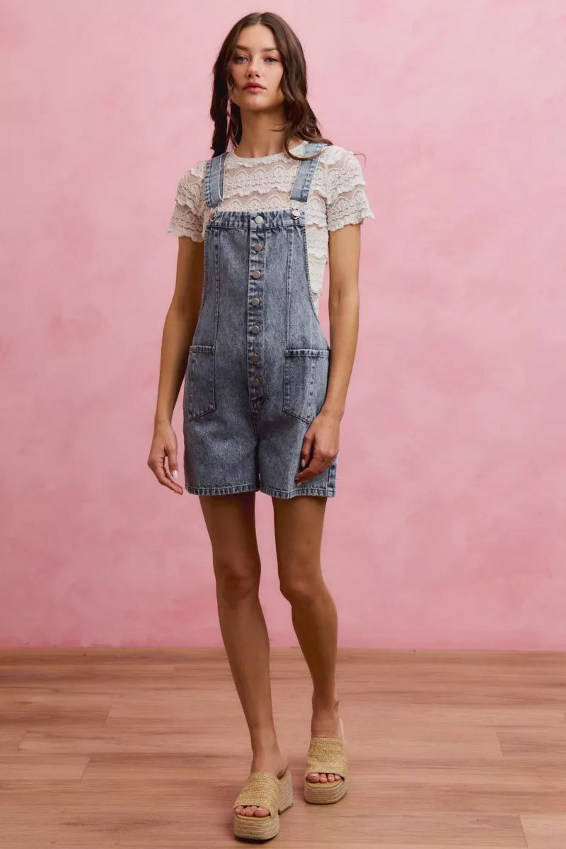 So Me Denim Washed on Front with Adjustable Strap Romper view 11 (one-piece) - denim washed jumpsuit, b - shop at us.meeeshop