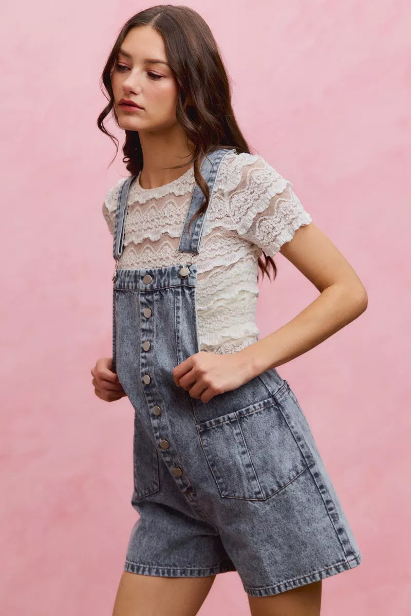 So Me Denim Washed on Front with Adjustable Strap Romper view 5 (one-piece) - denim washed jumpsuit, bl - shop at us.meeeshop