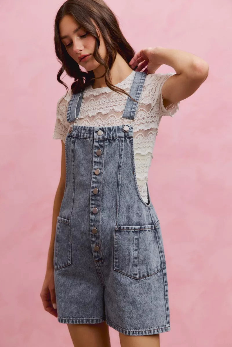 So Me Denim Washed on Front with Adjustable Strap Romper view 6 (one-piece) - denim washed jumpsuit, bl - shop at us.meeeshop