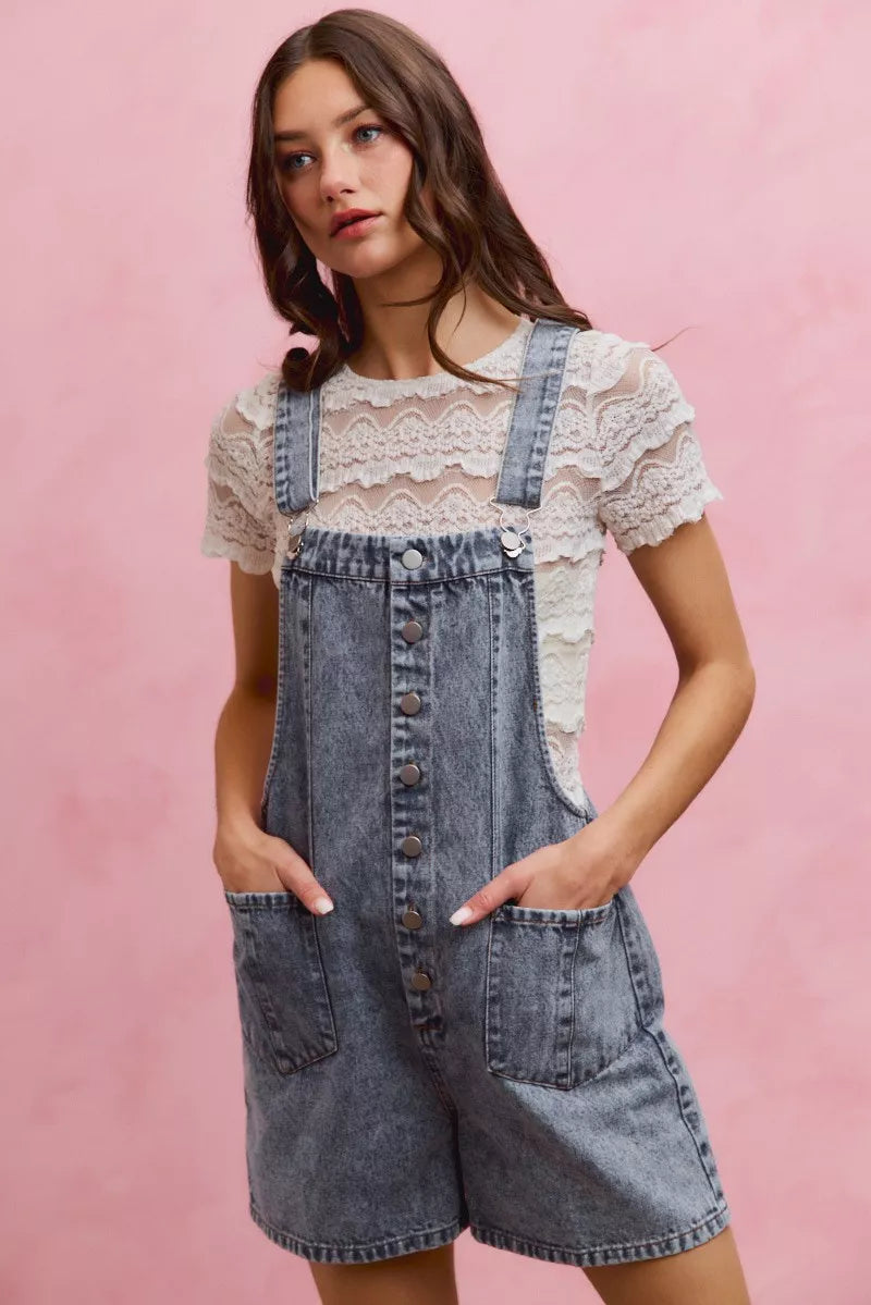 So Me Denim Washed on Front with Adjustable Strap Romper view 7 (one-piece) - denim washed jumpsuit, bl - shop at us.meeeshop