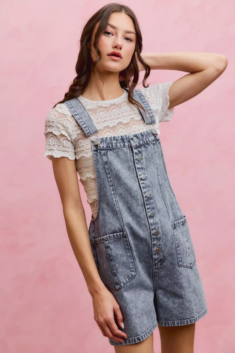 So Me Denim Washed on Front with Adjustable Strap Romper view 8 (one-piece) - denim washed jumpsuit, bl - shop at us.meeeshop