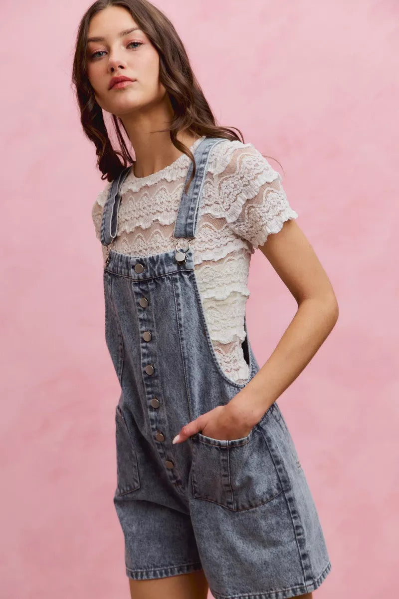 So Me Denim Washed on Front with Adjustable Strap Romper view 9 (one-piece) - denim washed jumpsuit, bl - shop at us.meeeshop