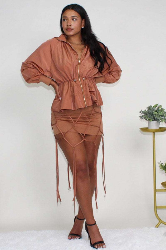 Desert Rose: Cinched Waist Windbreaker and Tassel Skirt Set in Small - Desert Flower Skirt