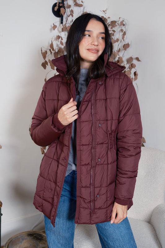 Detailed Snap Puffer Jacket in Wine - Full Snap Jacket (layer)