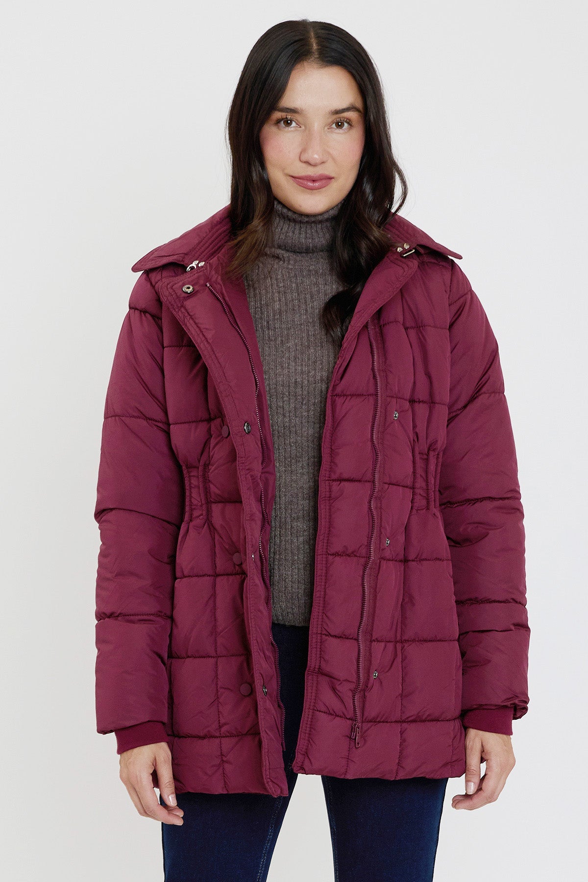Detailed Snap Puffer Jacket in Wine view 3 - Full Snap Jacket (layer)