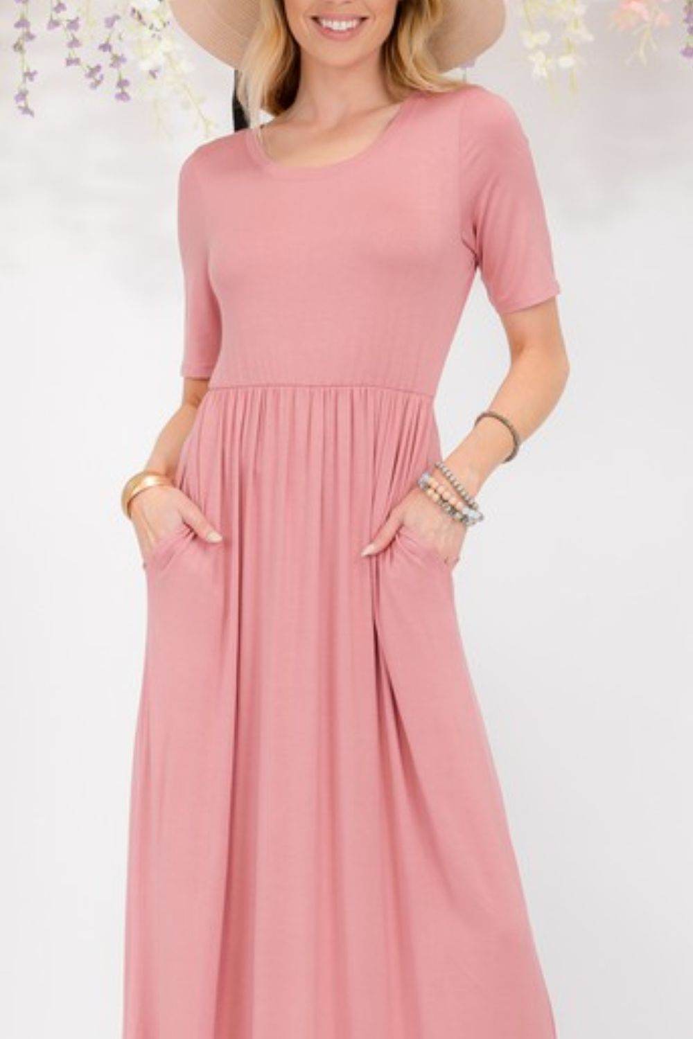 Celeste | Round Neck Short Sleeve Maxi Dress with Pockets Plus Size - us.meeeshop