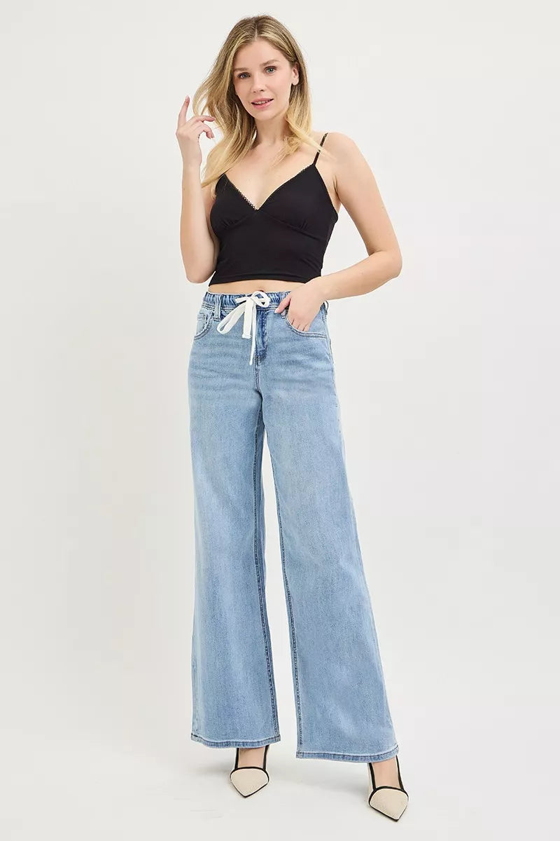 risen elastic band Risen Elastic Band Slouchy Wide Jeans with Drawstring view 6 (bottom) - shop at us.meeeshop
