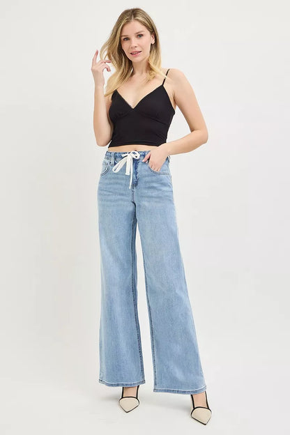 risen elastic band Risen Elastic Band Slouchy Wide Jeans with Drawstring view 6 (bottom) - shop at us.meeeshop
