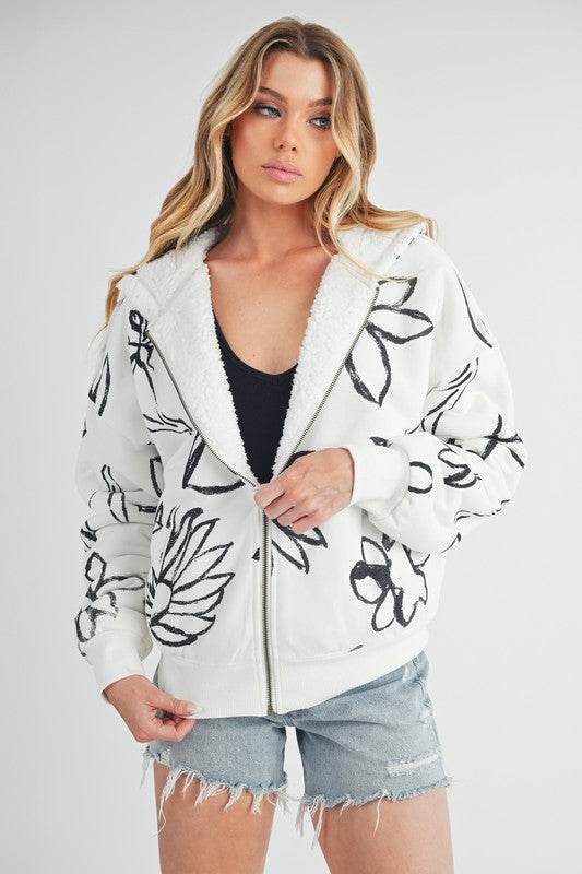 Aemi + Co Flower Print Zip Up Sherpa Hoodie - us.meeeshop