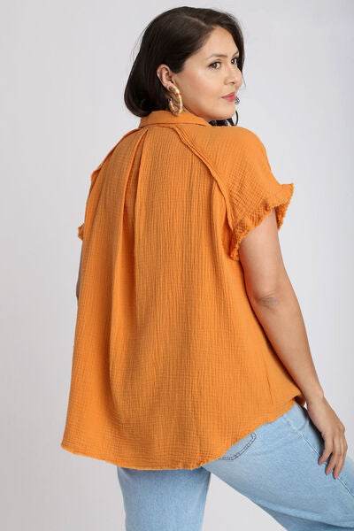 Umgee Frayed Hem Collared Neck Short Sleeve Shirt Plus Size - us.meeeshop