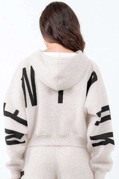 American Bazi Letter Graphic Long Sleeve Drawstring Cropped Hoodie - us.meeeshop