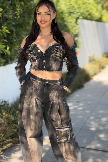 Distressed Denim Crop Top and Cargo Pants Set - MeeeShop Women's Fashion