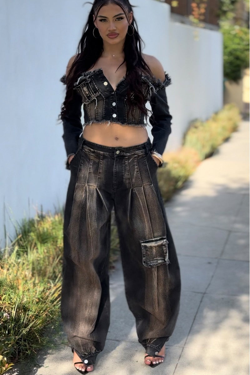 Distressed Denim Crop Top and Cargo Pants Set in Black - Distressed Denim Top Women