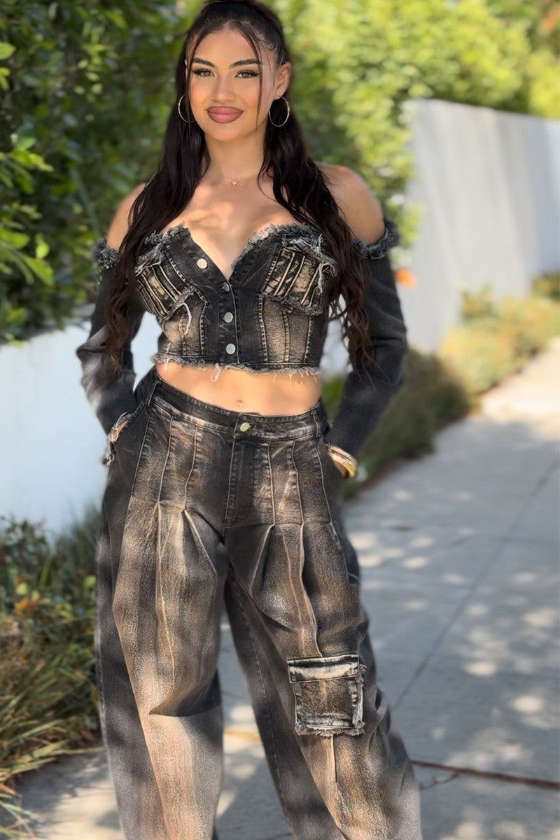 Distressed Denim Crop Top and Cargo Pants Set in Black view 2 - Distressed Denim Top Women