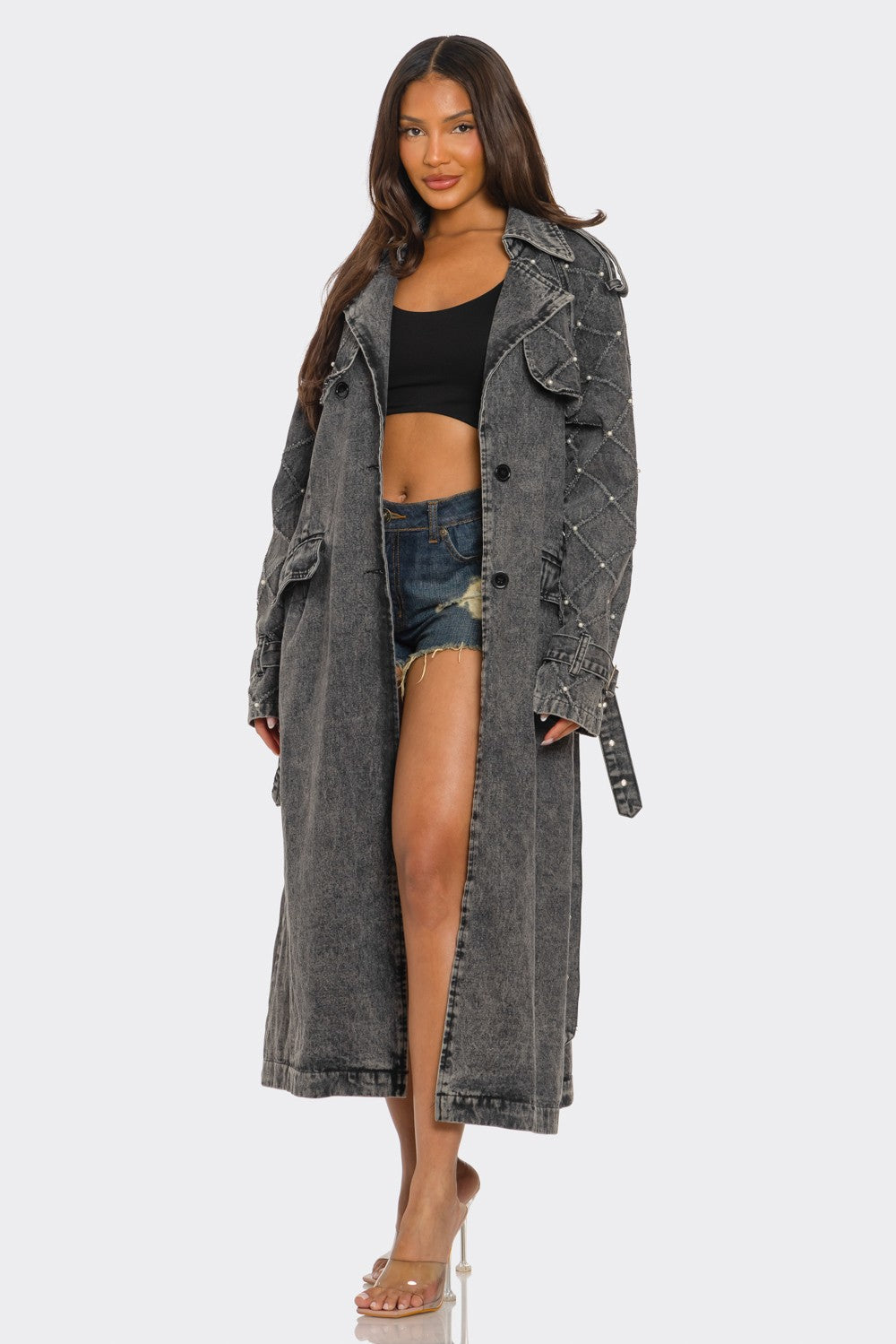Distressed Denim Trench Coat in L view 3 - Distressed Jean Coat (bottom)