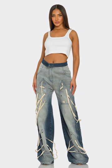 Distressed Denim Wide-leg Pants in Medium view 2 - Distressed Denim Pants Women'S (bottom)