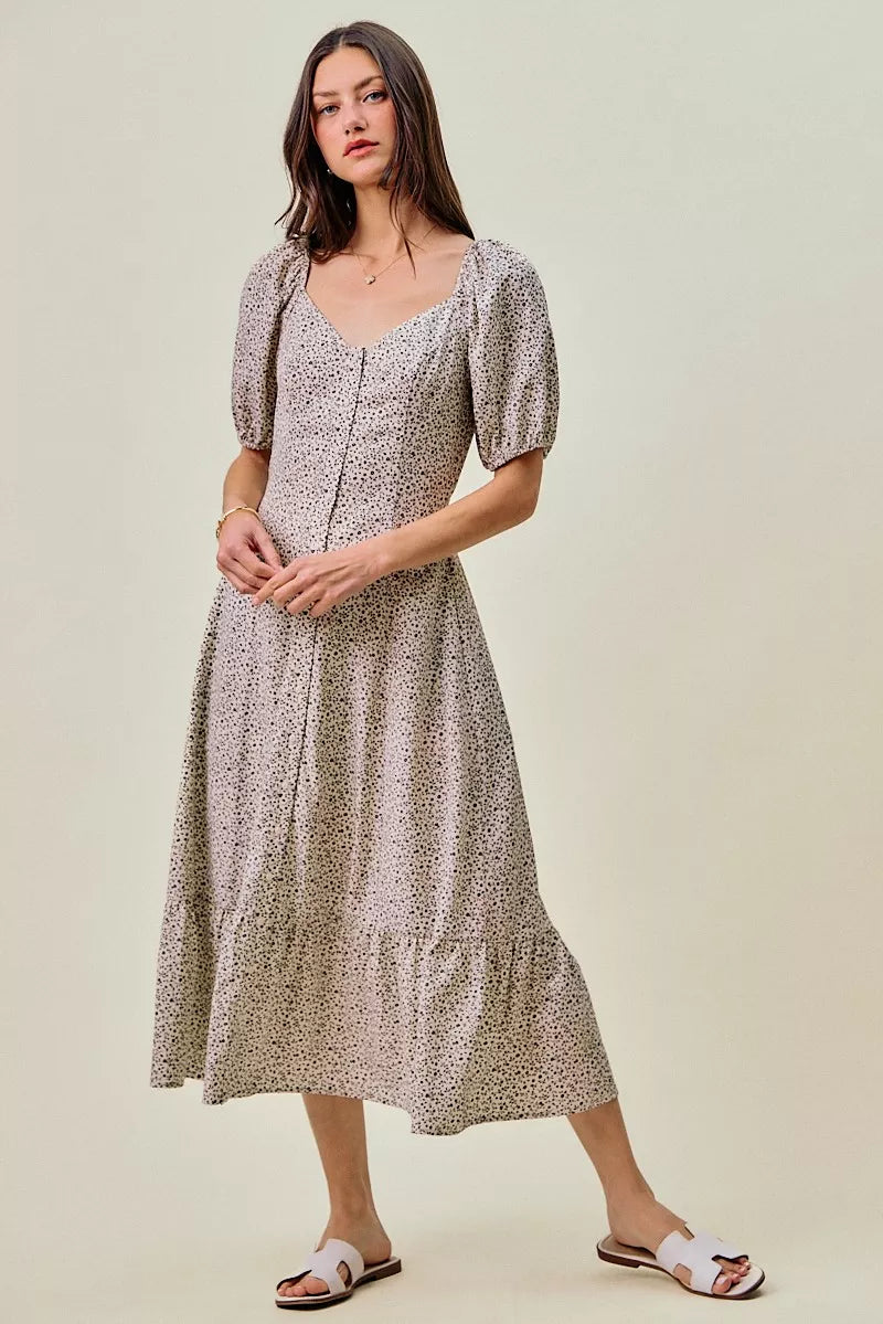 So Me Ditsy Floral Self Belt on Elastic Waist Maxi Dress OFF WHITE/BLACK (dress) - ditsy floral dress m - shop at us.meeeshop