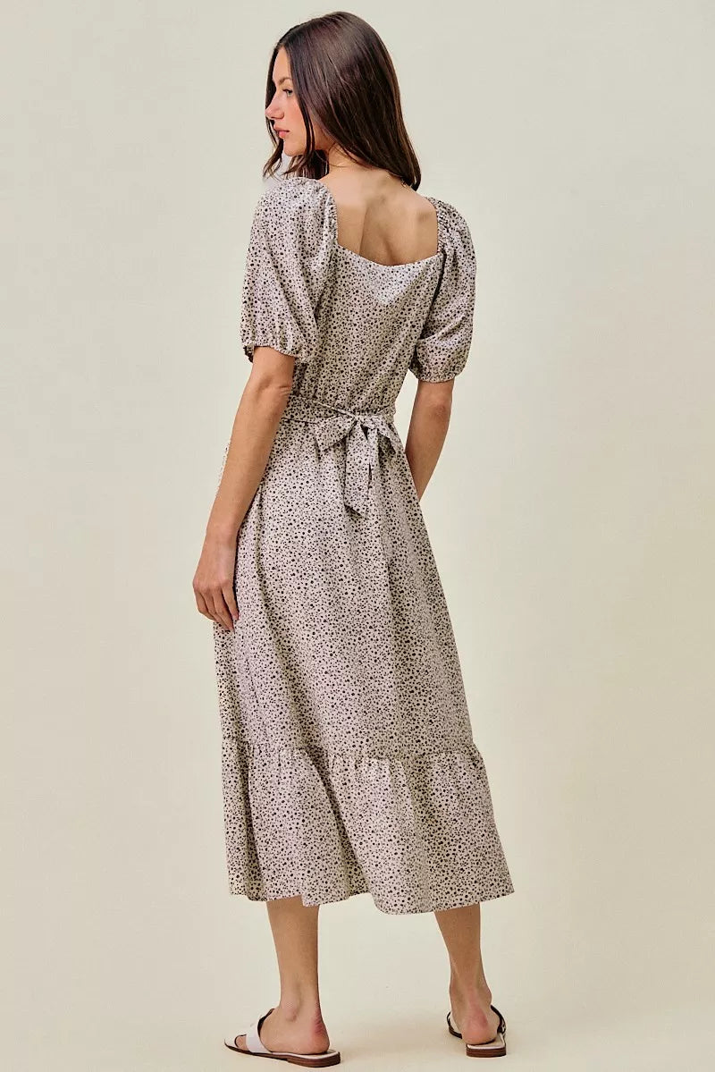 So Me Ditsy Floral Self Belt on Elastic Waist Maxi Dress OFF WHITE/BLACK view 2 (dress) - ditsy floral  - shop at us.meeeshop