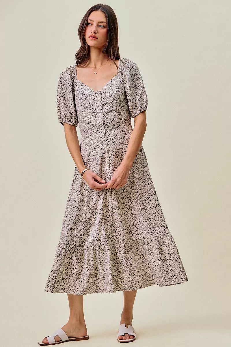 So Me Ditsy Floral Self Belt on Elastic Waist Maxi Dress OFF WHITE/BLACK view 3 (dress) - ditsy floral  - shop at us.meeeshop