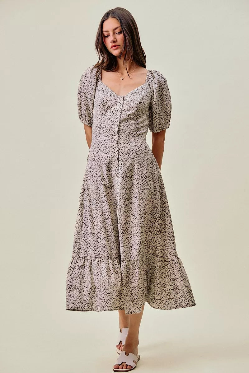 So Me Ditsy Floral Self Belt on Elastic Waist Maxi Dress OFF WHITE/BLACK view 4 (dress) - ditsy floral  - shop at us.meeeshop