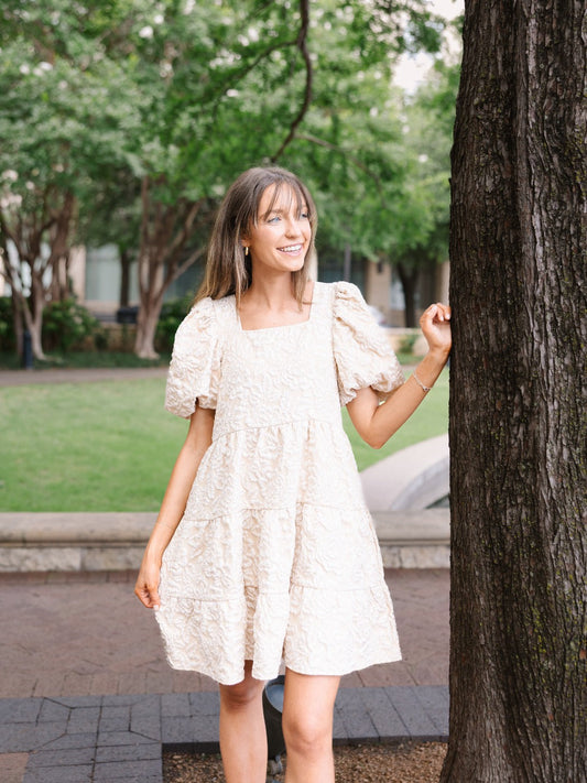 Dolly Doll Jacquard Dress, Beige in Beige - Dolly Doll Clothes