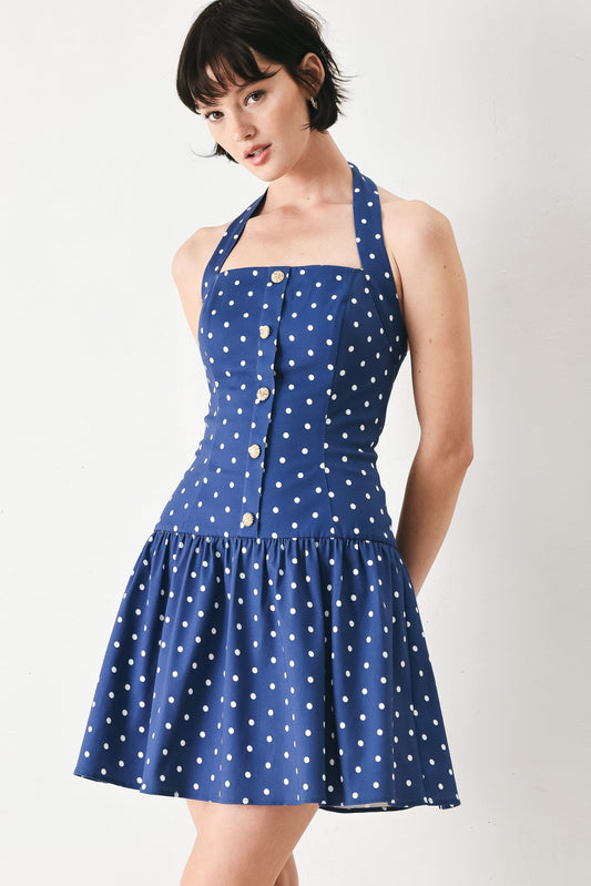 Dots & Dreams Woven Mini Dress in NAVY/WHITE