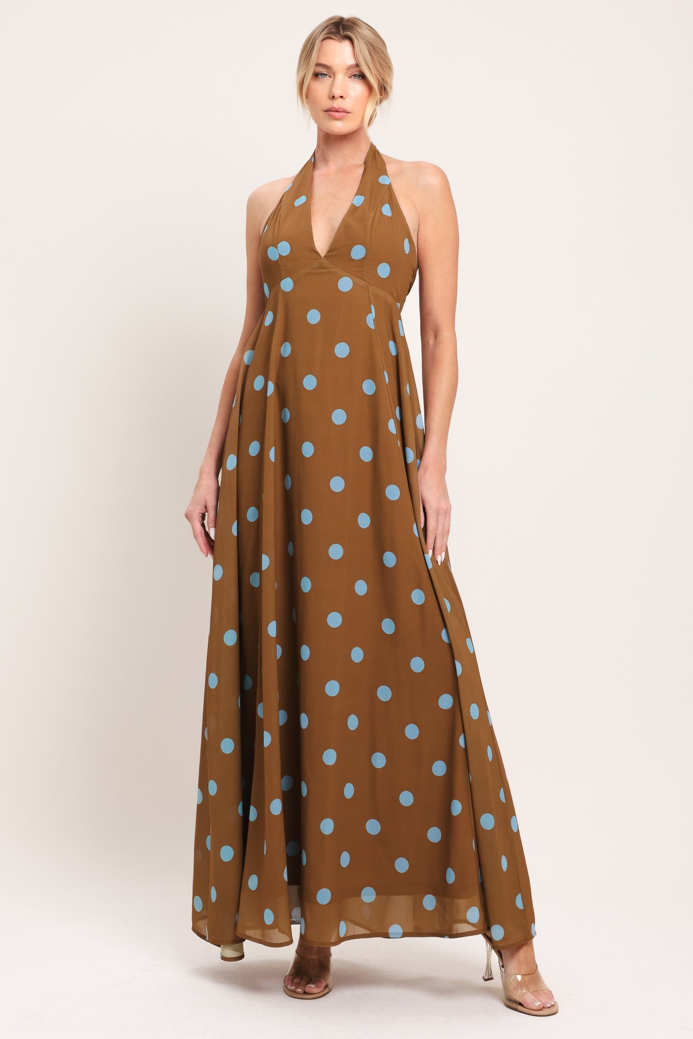 Dotty Love Woven Midi Dress in BROWN BLUE view 2 - Love Dot Dress