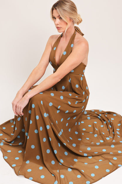 Dotty Love Woven Midi Dress in BROWN BLUE view 3 - Love Dot Dress